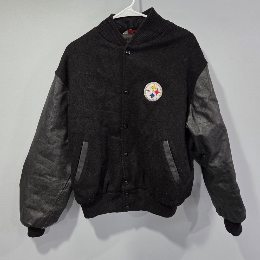 RARE VINTAGE 80S WOOL NFL PITTSBURGH STEELERS SNAP BUTTON COAT MADE IN THE USA L